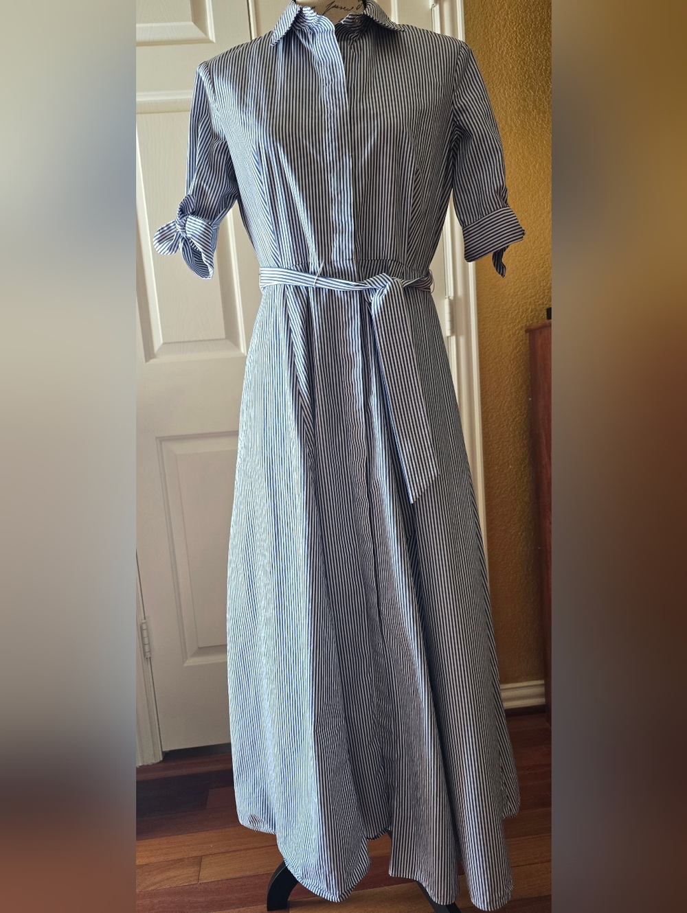 Calvin Klein Blue and White Striped Maxi Shirt Dress Size M